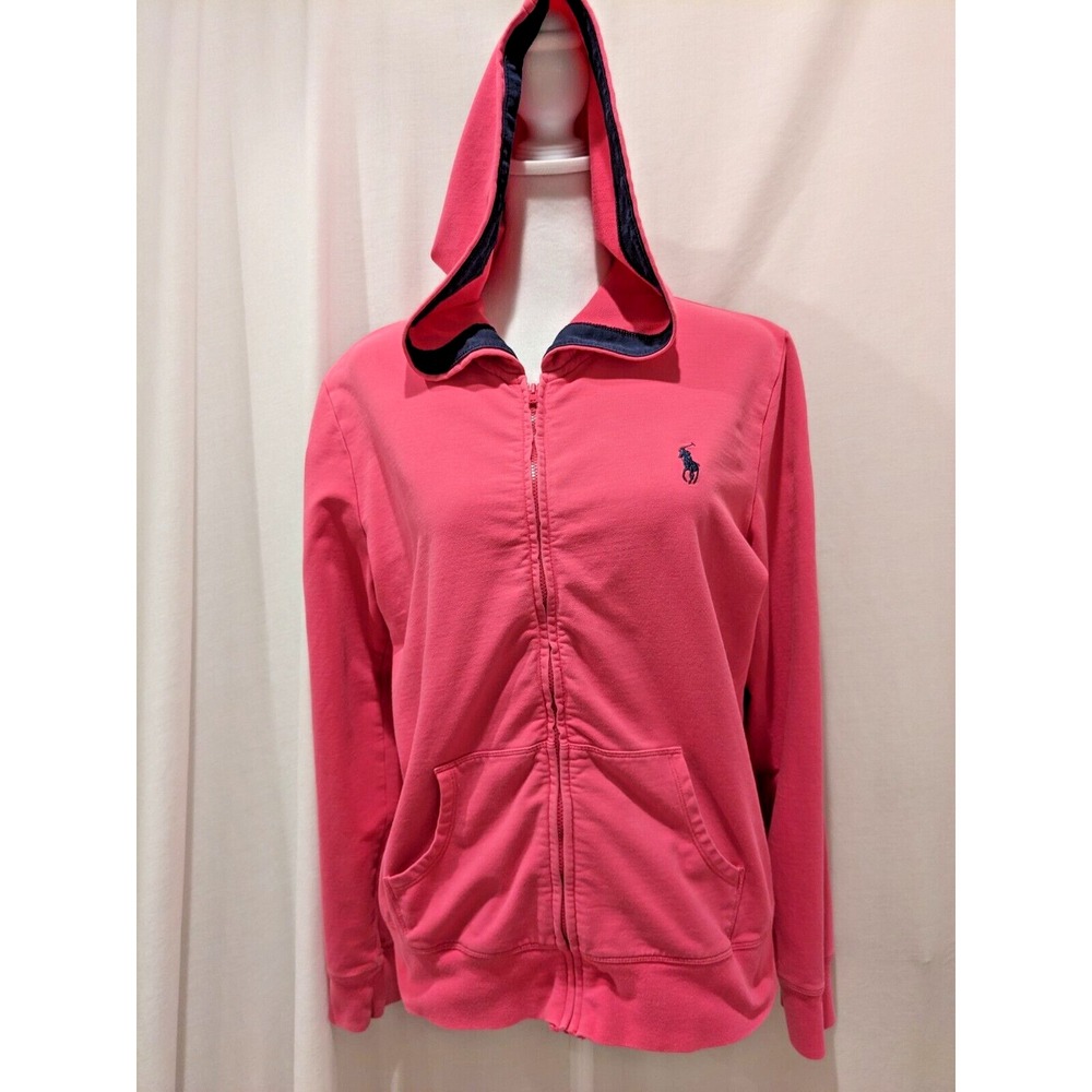 Ralph Lauren Womens Large Pink Full Zip Hooded Sweatshirt Blue Pony Vintage Y2K